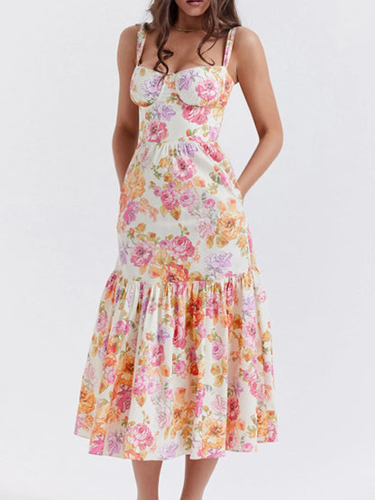 Floral Print Sweetheart Neck Midi Dress