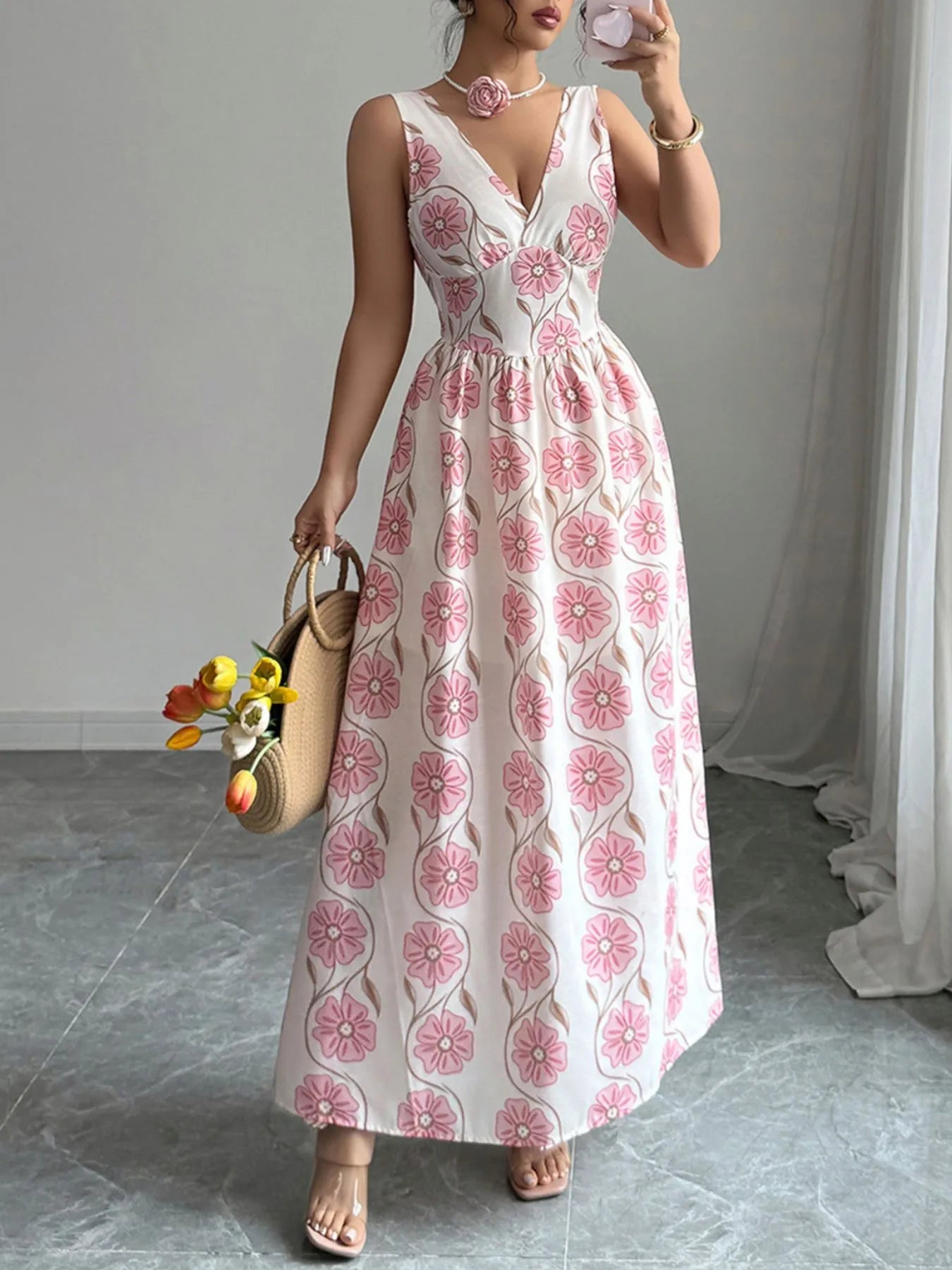 Floral Print Sleeveless Maxi Dress