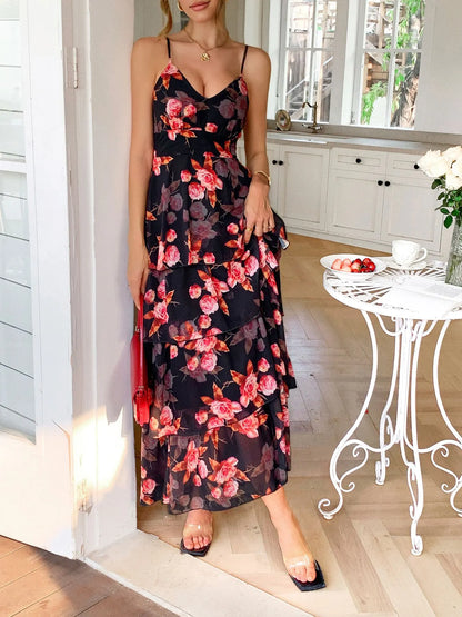 Floral Print Layered Maxi Cami Dress