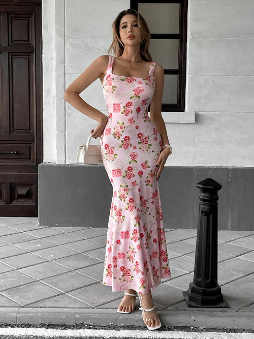 Floral Print Square Neck Maxi Dress