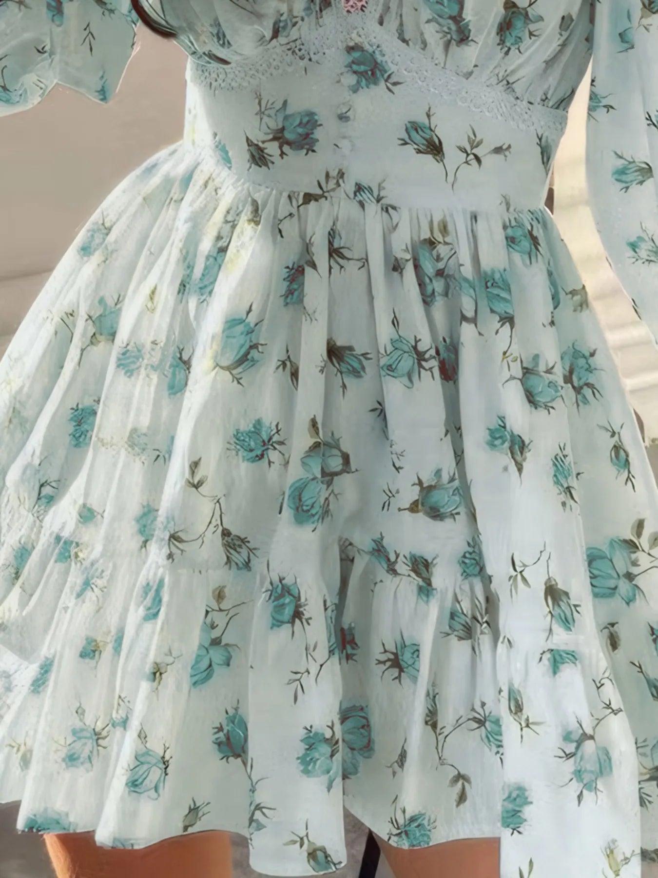 Floral Print Lace Detail V-Neck Mini Dress