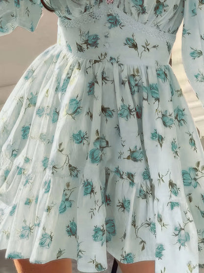 Floral Print Lace Detail V-Neck Mini Dress