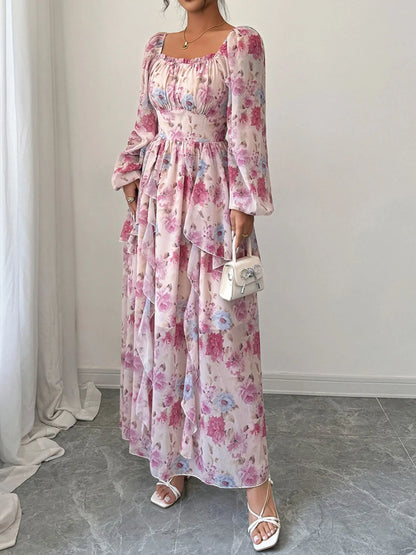 Ruffled Floral Print Balloon Sleeve Maxi Dress