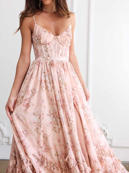 Floral Frill Split Maxi Dress