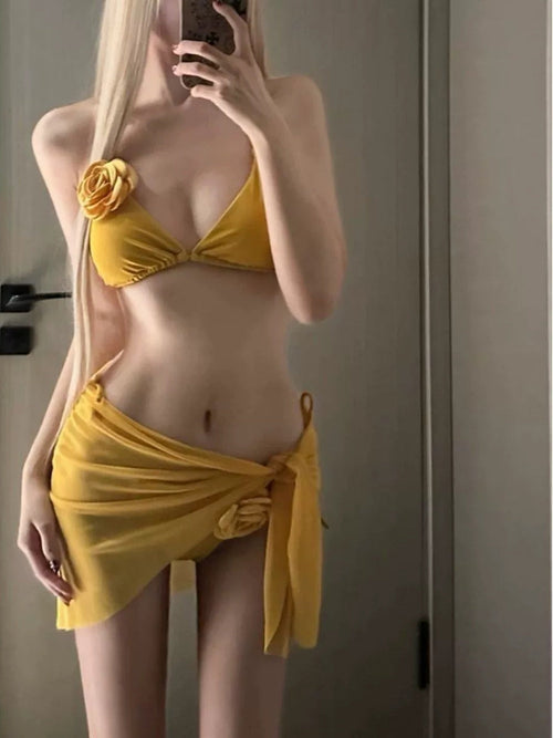 Yellow flower swimsuit three piece set